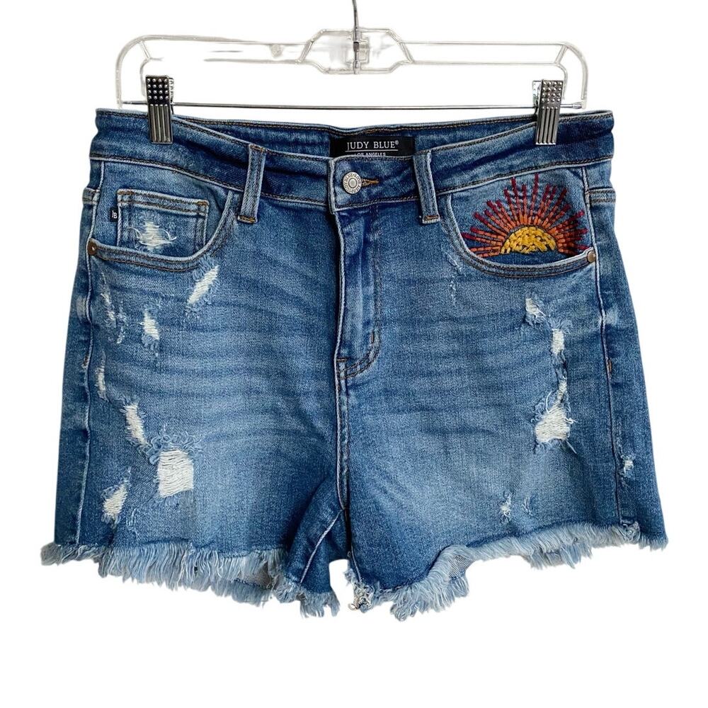 Judy Blue Medium Wash Distressed Jean Shorts with Sun Embroidery - Picture 2 of 13